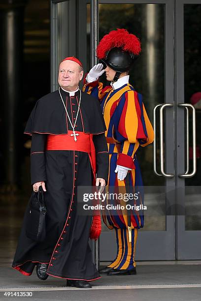 Cardinal Gianfranco Ravasi leaves the opening session of the Synod on the themes of family at Synod Hall on October 5, 2015 in Vatican City, Vatican....