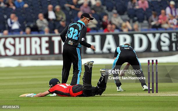 Paul Collingwood of Durham Jets slides home during the Natwest T20 Blast match between Durham Jets and Worcestershire Rapids at The Emirates Durham...