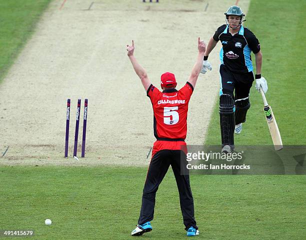 Paul Collingwood of Durham Jets celebrates the run out of Tom Kohler-Cadmore during the Natwest T20 Blast match between Durham Jets and...