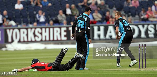 Paul Collingwood of Durham Jets slides home during the Natwest T20 Blast match between Durham Jets and Worcestershire Rapids at The Emirates Durham...