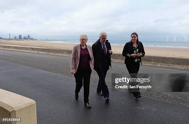 Labour Shadow Business Secretary Angela Eagle , Shadow Chancellor John McDonnell and Labour MP for Redcar Anna Turley arrive to meet with...