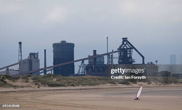 Land yacht sails across Redcar beach in front of the SSI blast furnace ahead of a visit by the Shadow Chancellor John McDonnell who met with...