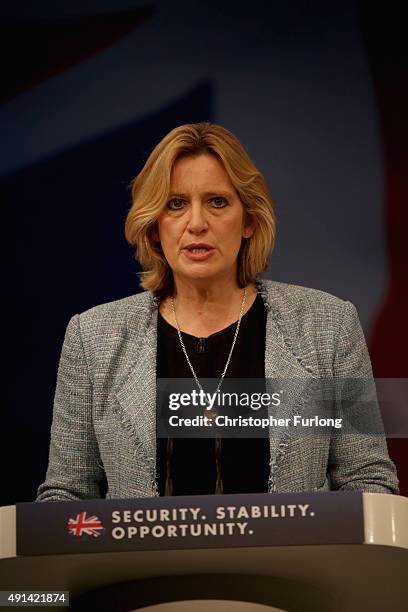 Secretary of State for Energy and Climate Change, Amber Rudd addresses delegates on the second day of the annual Conservative party conference on...