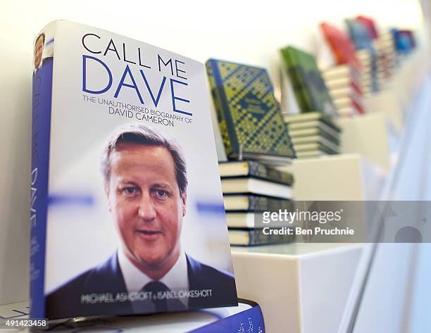 Copy of "Call Me Dave" sits on display at Foyles bookshop on October 5, 2015 in London, England. Today Lord Ashcroft's biography of British Prime...