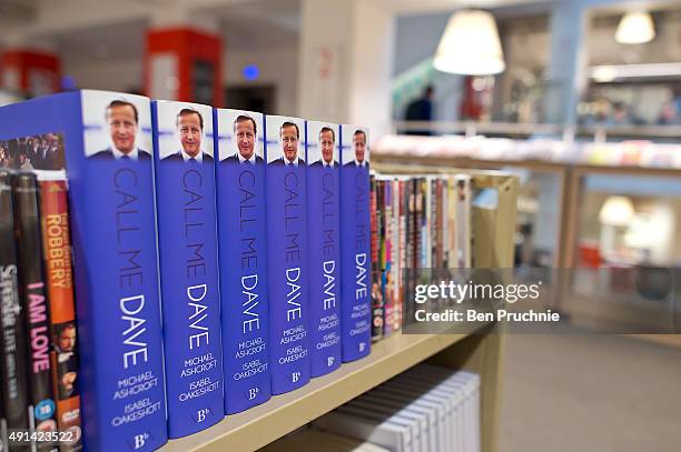 Copies of "Call Me Dave" sits on display at Foyles bookshop on October 5, 2015 in London, England. Today Lord Ashcroft's biography of British Prime...