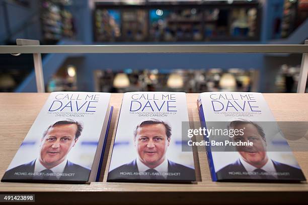 Copies of "Call Me Dave" sit on display at Foyles bookshop on October 5, 2015 in London, England. Today Lord Ashcroft's biography of British Prime...