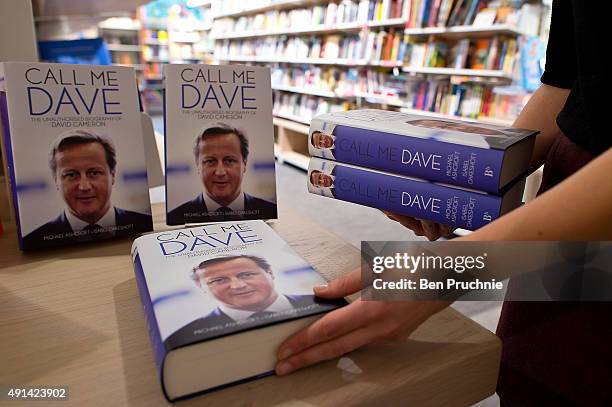 Store assistant restocks copies of "Call Me Dave" at Foyles bookshop on October 5, 2015 in London, England. Today Lord Ashcroft's biography of...