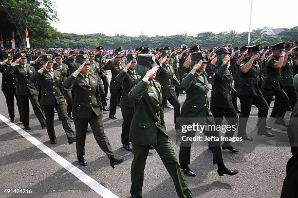 Women Contingent of Indonesian army march during the celebration ceremony of 70th anniversary of Indonesian Military on October 05, 2015 in Banda...