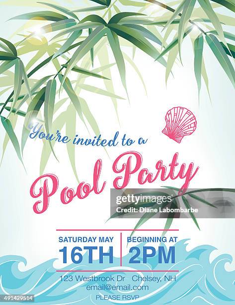 ilustraciones, imágenes clip art, dibujos animados e iconos de stock de fiesta junto a la piscina con palmeras plantilla de la invitación - fiesta de piscina
