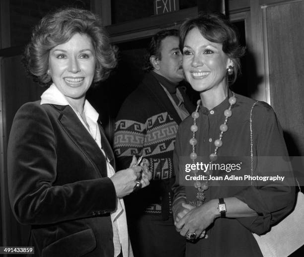 Actress Pat Crowley with actress and former Miss America 1959 Mary Ann Mobley attend a showing of the television movie 'A Family Upside Down' at the...