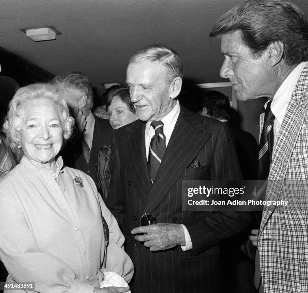 Actress Helen Hayes with dancer, actor, singer and choreographer Fred Astaire, and actor Efrem Zimbalist Jr. Attend a showing of their television...