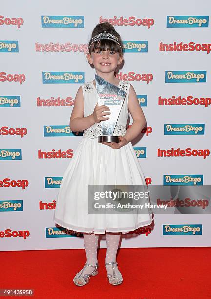 Amelia Flanagan with her award at the Inside Soap Awards at DSKTRT on October 5, 2015 in London, England.