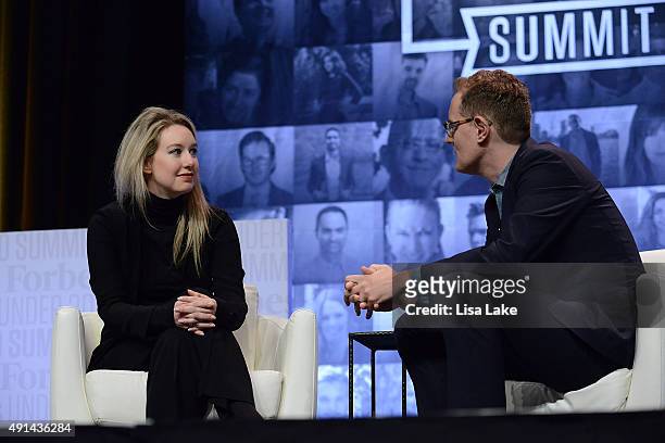 Elizabeth Holmes, Founder & CEO of Theranos being interviewed by Matthew Herper, Senior Editor, Pharma & Healthcare, Forbes Media at Forbes Under 30...