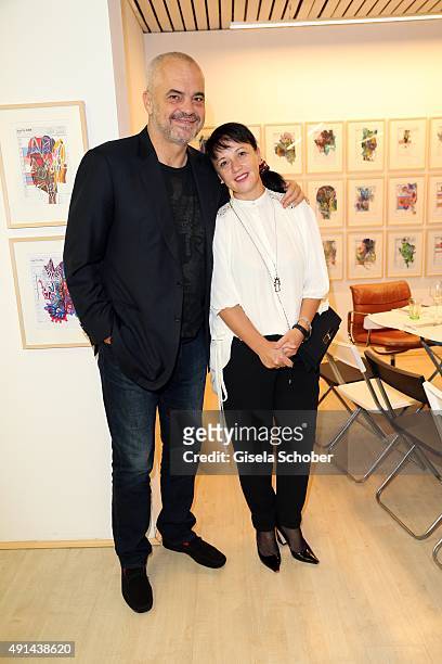 Edi Rama, Prime Minister of Albania and his wife Linda Rama during the Edi Rama - Daily Drawings exhibition preview at Galerie Kampl on September 12,...
