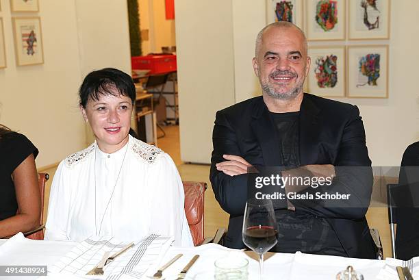 Edi Rama, Prime Minister of Albania and his wife Linda Rama during the Edi Rama - Daily Drawings exhibition preview at Galerie Kampl on September 12,...