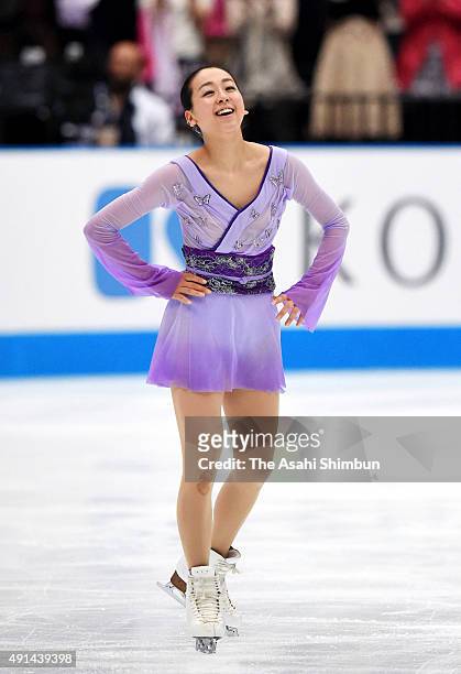 Mao Asada of Japan reacts after competing during the Japan Open 2015 Figure Skating at Saitama Super Arena on October 3, 2015 in Saitama, Japan.