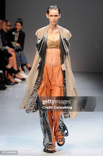 Model walks the runway at the Esteban Cortazar Spring Summer 2016 fashion show during Paris Fashion Week on October 5, 2015 in Paris, France.