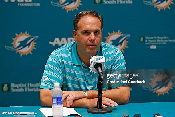 Executive Vice President of Football Operations Mike Tannenbaum talks to the media just prior to introducing Dan Campbell as interim head coach of...