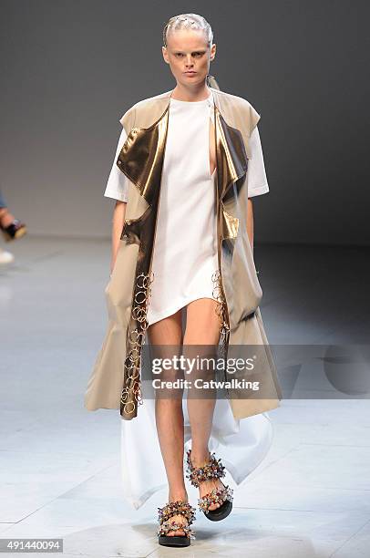 Model walks the runway at the Esteban Cortazar Spring Summer 2016 fashion show during Paris Fashion Week on October 5, 2015 in Paris, France.