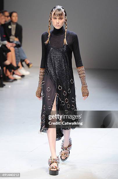 Model walks the runway at the Esteban Cortazar Spring Summer 2016 fashion show during Paris Fashion Week on October 5, 2015 in Paris, France.