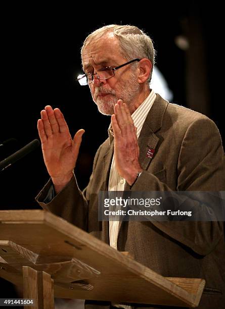 Labour Leader Jeremy Corbyn attends a 'People's Post' rally organised by the Communications Workers Union at Manchester Cathedral on October 5, 2015...
