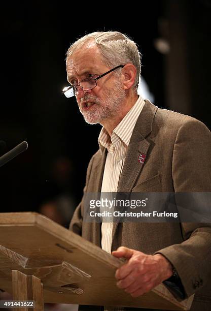 Labour Leader Jeremy Corbyn attends a 'People's Post' rally organised by the Communications Workers Union at Manchester Cathedral on October 5, 2015...