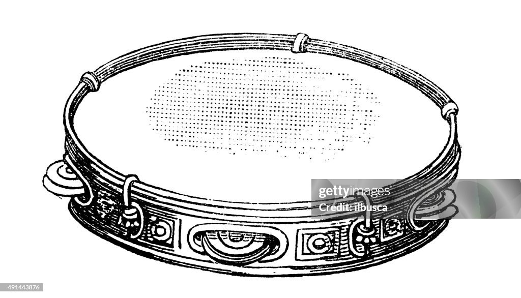 Antique illustration of musical instruments: tambourine