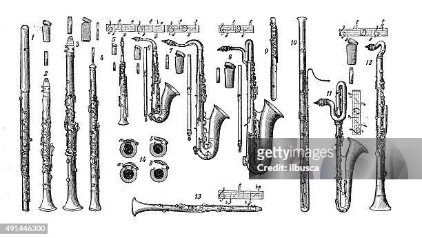 ilustraciones, imágenes clip art, dibujos animados e iconos de stock de anticuario ilustración de instrumentos musicales: woodwinds - saxaphone