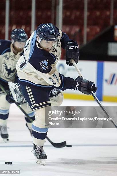 Jeremy Roy of the Sherbrooke Phoenix shoots the puck during warmup prior to their game against the Gatineau Olympiques on September 27, 2015 at...
