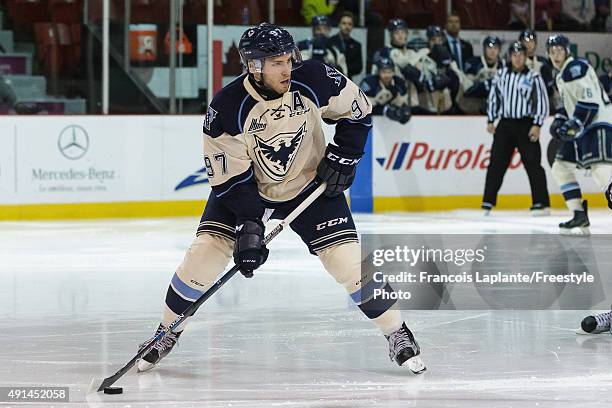 Jeremy Roy of the Sherbrooke Phoenix skates with the puck against the Gatineau Olympiques on September 27, 2015 at Robert Guertin Arena in Gatineau,...