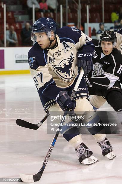Jeremy Roy of the Sherbrooke Phoenix skates with the puck against the Gatineau Olympiques on September 27, 2015 at Robert Guertin Arena in Gatineau,...