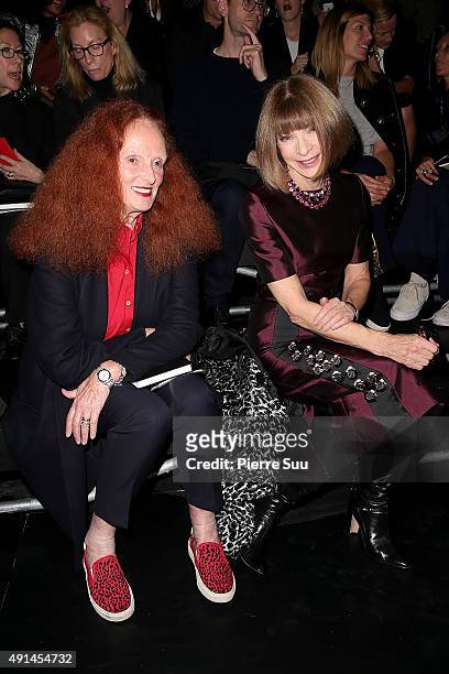 Grace Coddington and Anna Wintour attend the Saint Laurent show as part of the Paris Fashion Week Womenswear Spring/Summer 2016 on October 5, 2015 in...
