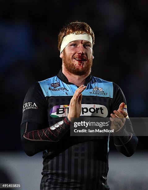 Rob Harley of Glasgow Warriors celebrates victory at the final whistle during The Glasgow Warriors and Munster RaboDirect Pro 12 Semi Final at...