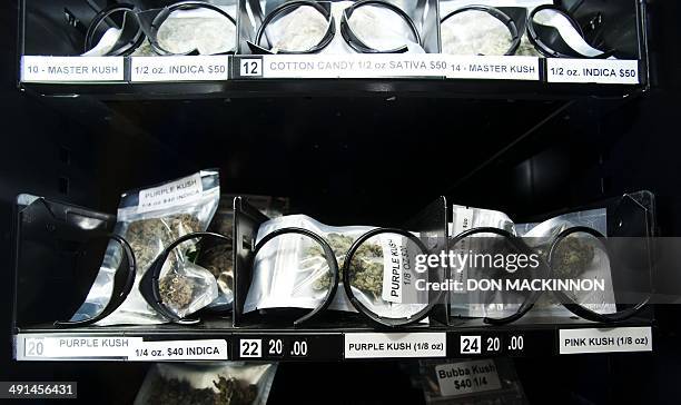 By Deborah Jones, Canada-health-drugs-marijuana A variety of bags of marijuana are displayed in a vending machine at the BC Pain Society in...