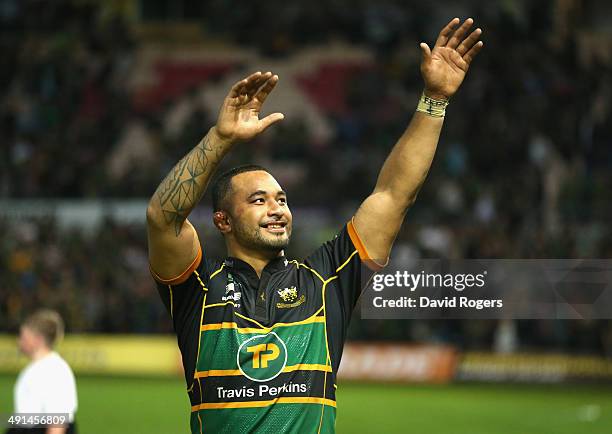 Samu Manoa of Northampton Saints celebrates after their victory during the Aviva Premiership semi final match between Northampton Saints and...