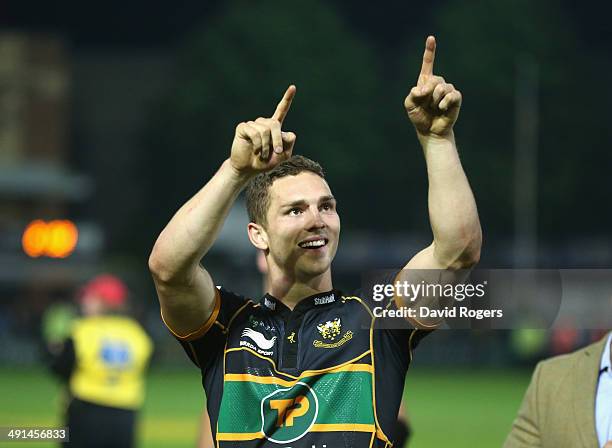 George North, the Northampton Saints wing celebrates after their victory during the Aviva Premiership semi final match between Northampton Saints and...