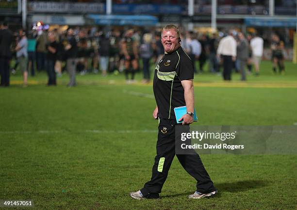 Dorian West, the Northampton Saints forwards coach smiles after his teams victory during the Aviva Premiership semi final match between Northampton...