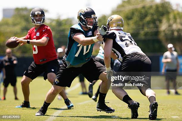 Luke Bowanko of the Jacksonville Jaguars defends during rookie minicamp at Everbank Field on May 16, 2014 in Jacksonville, Florida.