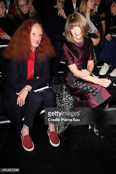 Grace Coddington and Anna Wintour attend the Saint Laurent show as part of the Paris Fashion Week Womenswear Spring/Summer 2016 on October 5, 2015 in...