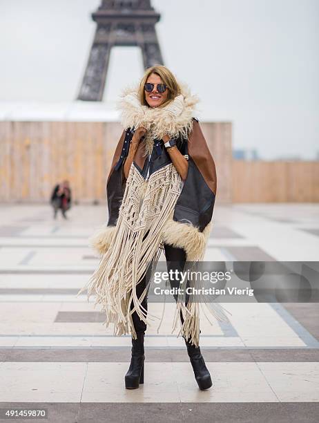 Anna dello Russo wearing Sacai coat, Vetements boots, Spektre glasses during the Paris Fashion Week Womenswear Spring/Summer 2016 on October 5, 2015...