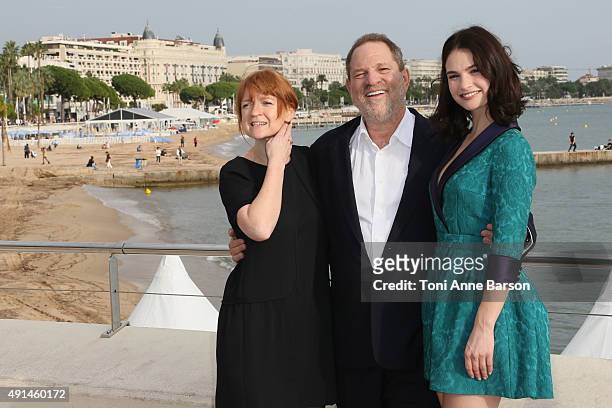 Faith Penhale - BBC Head of Drama, Harvey Weinstein and Lily James attend photocall on La Croisette on October 5, 2015 in Cannes, France.