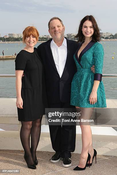 Faith Penhale - BBC Head of Drama, Harvey Weinstein and Lily James attend photocall on La Croisette on October 5, 2015 in Cannes, France.