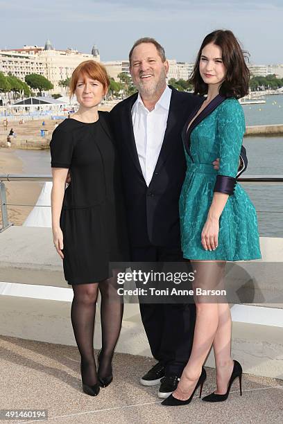 Faith Penhale - BBC Head of Drama, Harvey Weinstein and Lily James attend photocall on La Croisette on October 5, 2015 in Cannes, France.