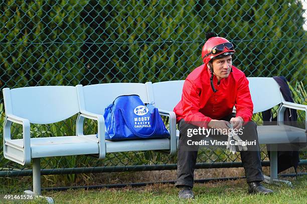Vlad Duric waiting for jump outs to begin at Caulfield Racecourse on October 6, 2015 in Melbourne, Australia.