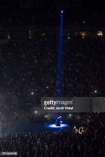 Bono of U2 performs on stage at Palau Sant Jordi on October 5, 2015 in Barcelona, Spain.
