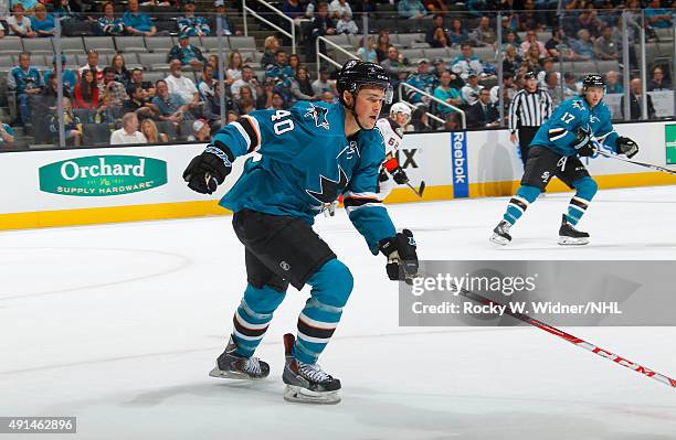 Ryan Carpenter of the San Jose Sharks skates against the Anaheim Ducks at SAP Center on September 26, 2015 in San Jose, California.