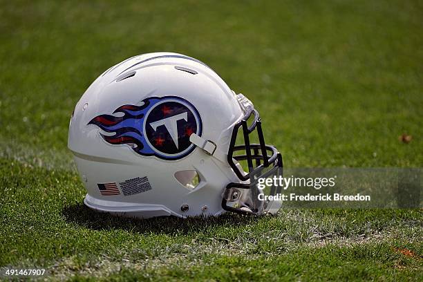 Helmet rests on the ground at the Tennessee Titans rookie camp on May 16, 2014 in Nashville, Tennessee.