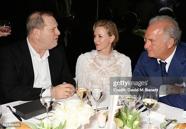 Harvey Weinstein, Naomi Watts and Charles Finch attend the annual Charles Finch Filmmakers Dinner during the 67th Cannes Film Festival at Hotel du...