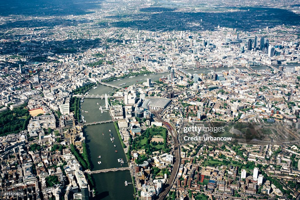 Aerial view of London, River Thames, London to Westminster Bridge