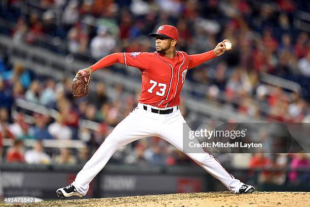 Felipe Rivero of the Washington Nationals pitches during a baseball game against the Philadelphia Phillies at Nationals Park on September 26, 2015 in...